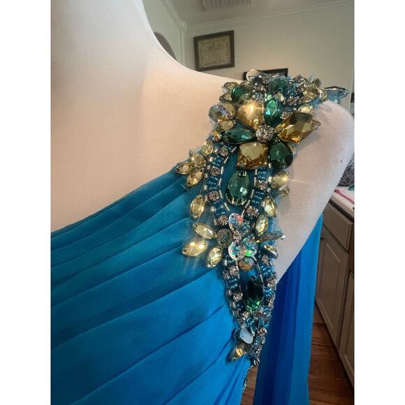 PRECIOUS FORMAL NWT BLUE JEWELED ONE SHOULDER GOWN WAIST JEWELED CUTOUT WOMENS 4 - Picture 6 of 16